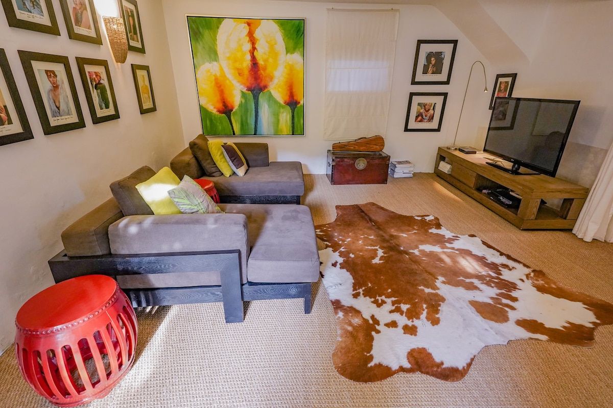 The television lounge, with deep corner seating and a hide rug